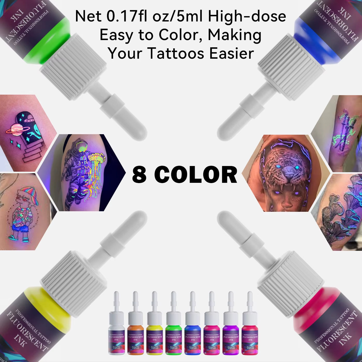 DM 8PCS 5Ml Fluorescent Tattoo Ink Set Professional Tattoo Pigment Tattoo Painting Tattoo Supplies Professional Supply
