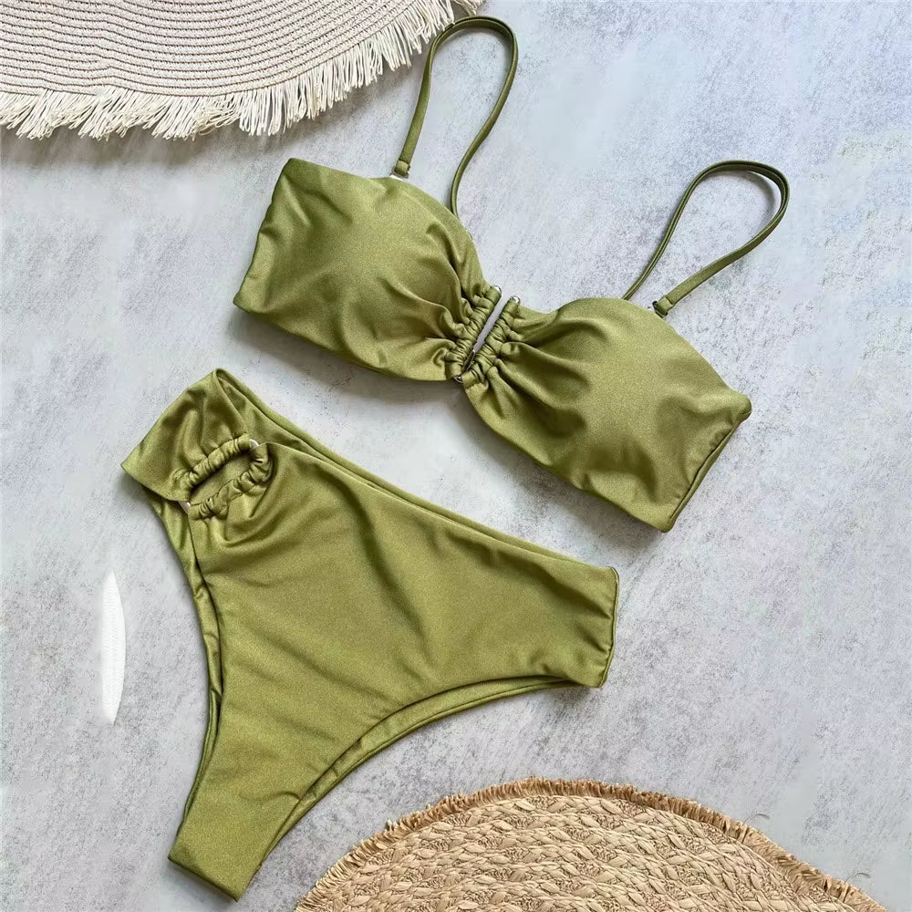 Brown Shiny U Shaped Bikini High Waist Sexy Swimsuit Women 2026 Wrinkled Solid Swimwears Bathing Suit Bandeau Bikinis Sets Mujer