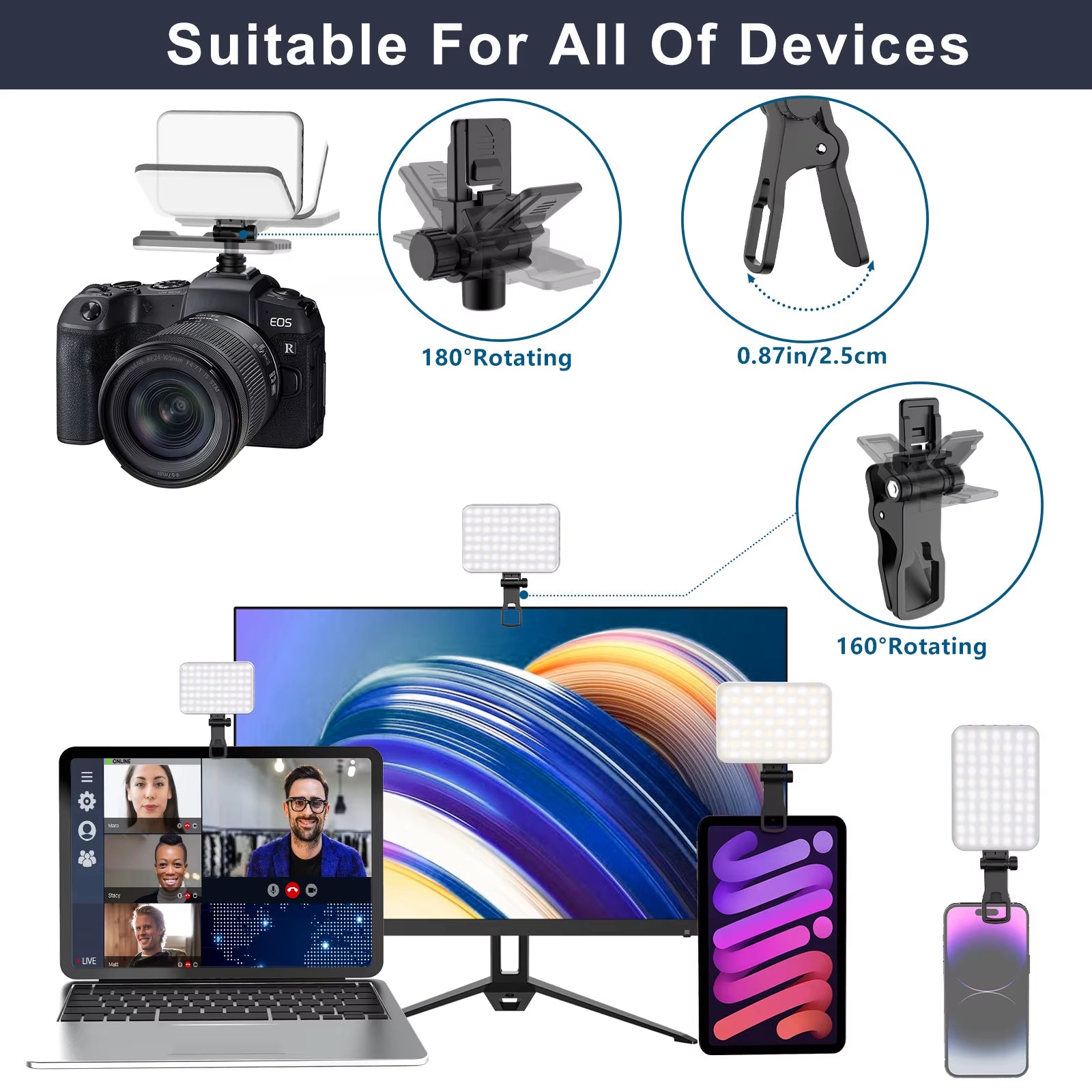 60 LED High Power Rechargeable Clip Fill Video Conference Light with for Iphone, Android, Ipad, Laptop, for Makeup Tiktok Selfie