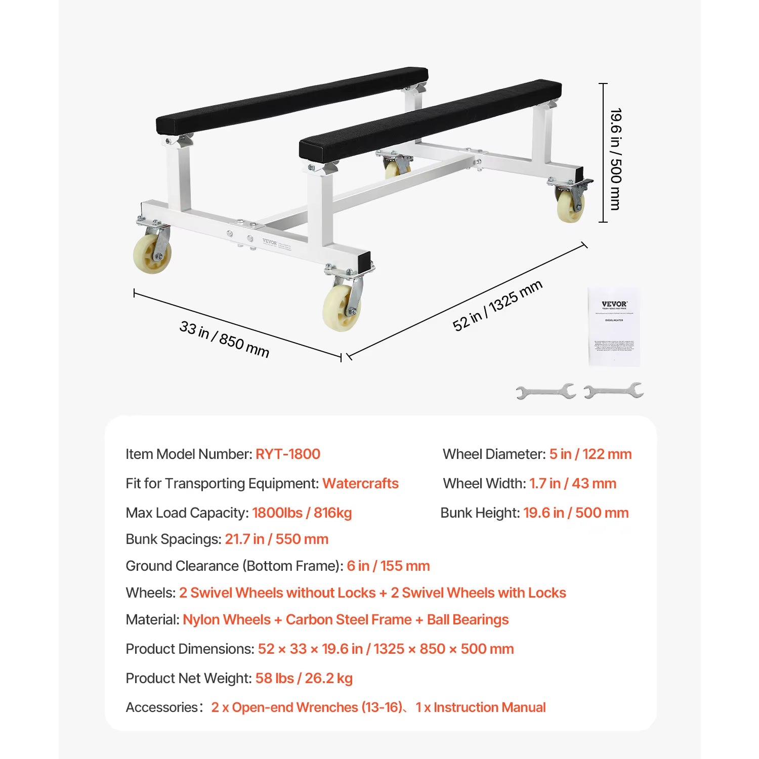 1800 Lbs Jet Ski Stand PWC Cart Watercraft Dolly with 4 Casters & Fixed Bunk for Moving Kayaks Hovercrafts Speedboats