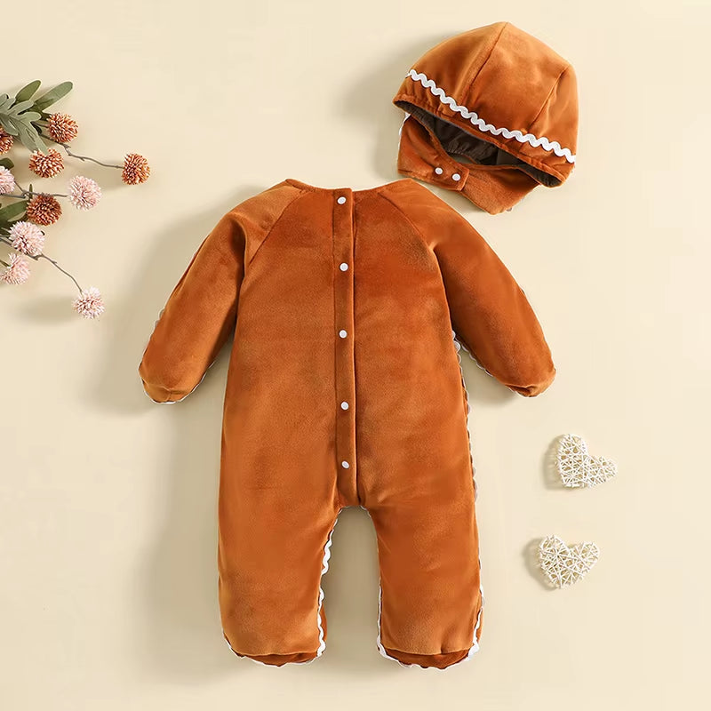 Baby Gingerbread Costume Boy Girl Christmas Outfit Gingerbread Footies Romper with Hat Cute Cosplay Outfit