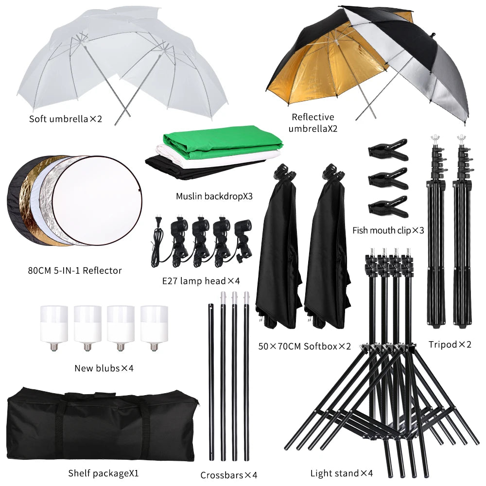 Photography Lighting Kit Umbrella Photo Background Photobooth Backdrops Softbox Light Stand Portable Soft BoxFor Photo Studio