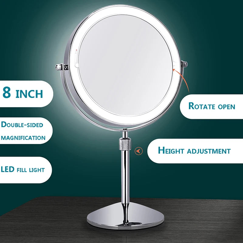 8 inch Bedroom or Bathroom table Lifting Makeup Mirror, 3X 5X 10X Magnifying Double Mirror with LED Light Rotate 360 degrees Mir