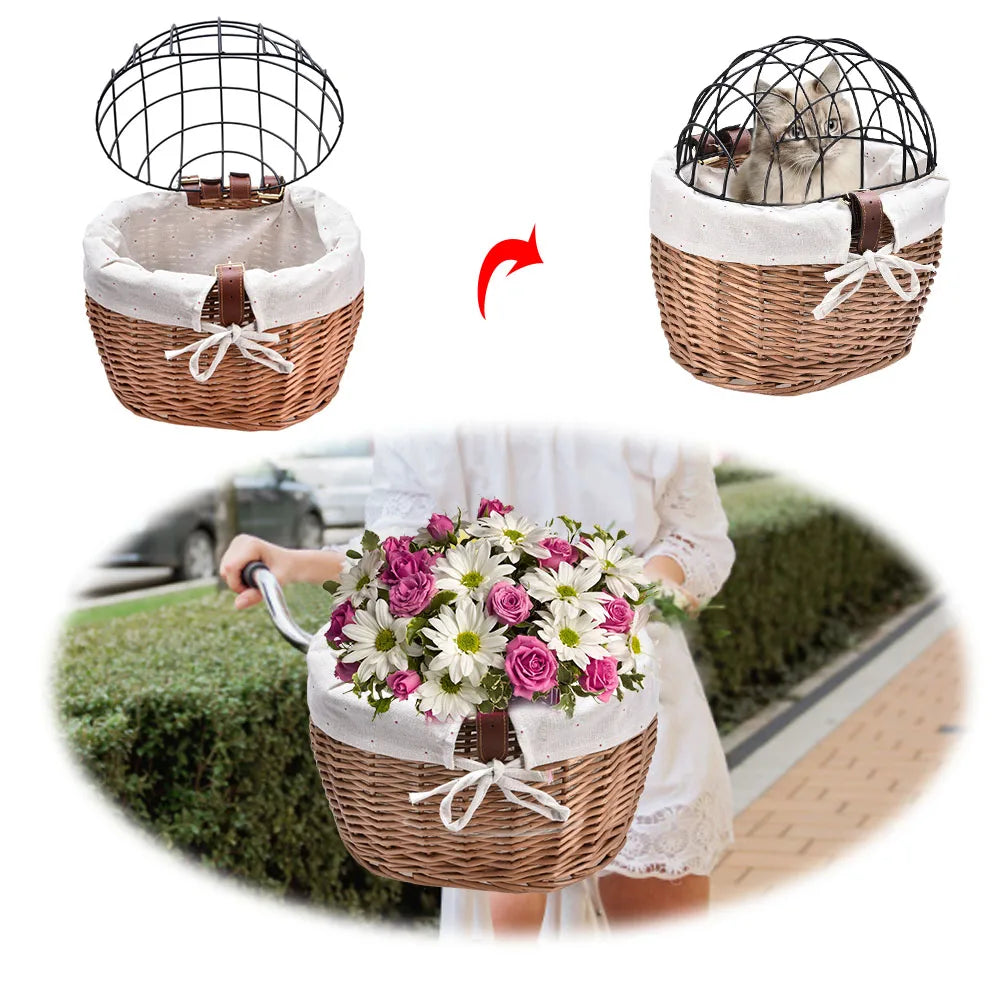 Bike Handlebar Front Bag Bicycle Pet Basket with Iron Frame Bike Front