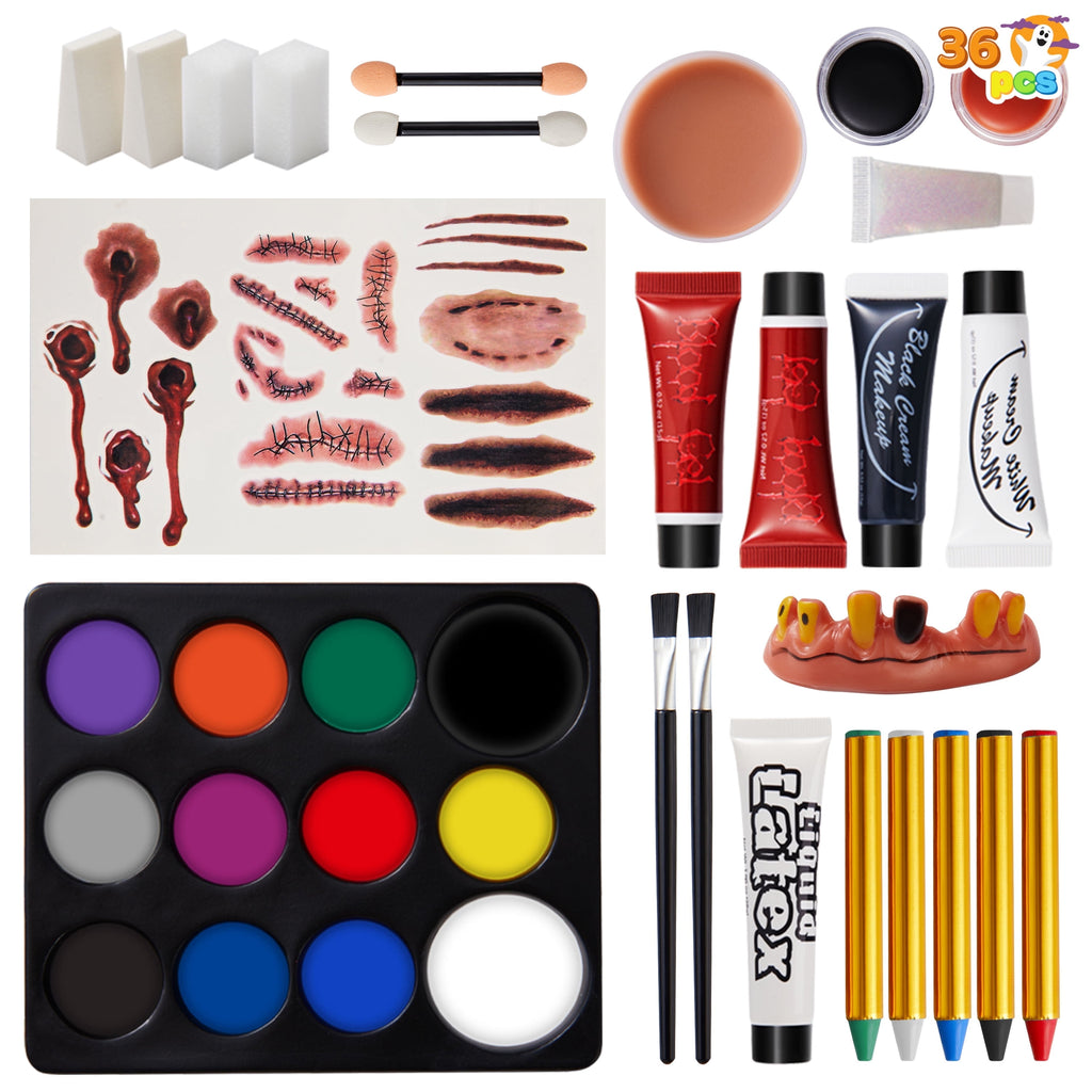 36 Pcs Halloween Makeup Kit,Halloween Family Makeup Set Face Painting Kit with with Zombie Green Ooze,Fake Blood Costume and More for Vampire Cosplay