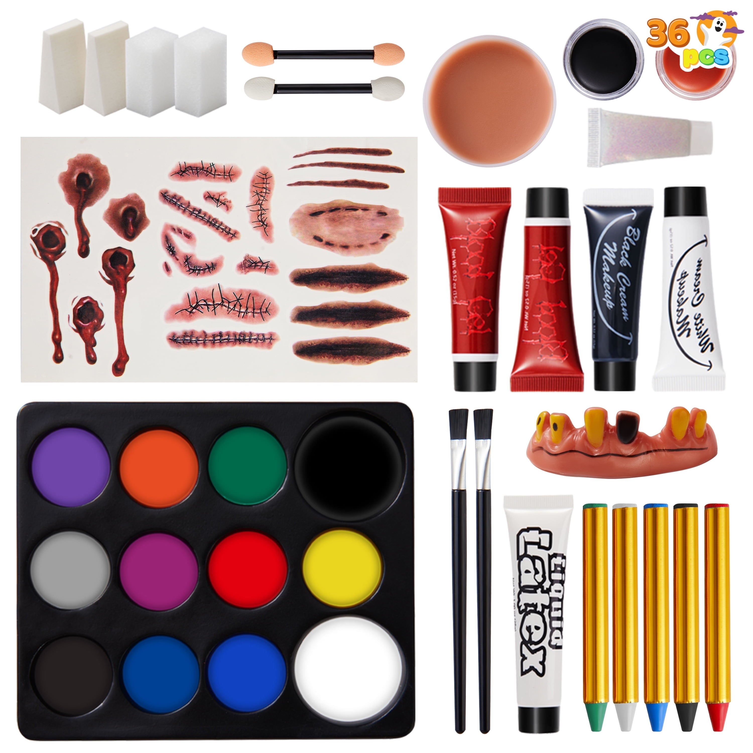 36 Pcs Halloween Makeup Kit,Halloween Family Makeup Set Face Painting Kit with with Zombie Green Ooze,Fake Blood Costume and More for Vampire Cosplay