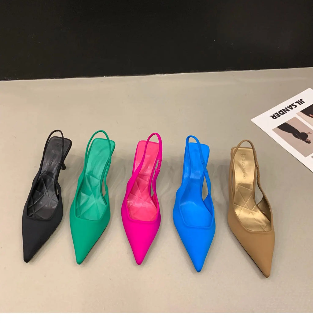 Women Summer Shoes 2024 New Fashion Pointed Toe Stiletto Medium Heel High Heels Women Back Empty Toe Sandals Green Women's Shoes