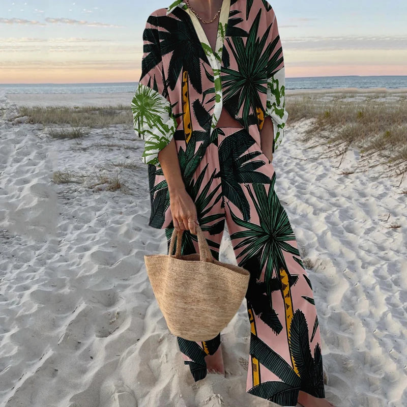 Fashion Vacation Style Print Suits for Women Fashion Versatile Lapel Long Sleeve Shirt Top and Loose Straight Pants 2 Piece Set