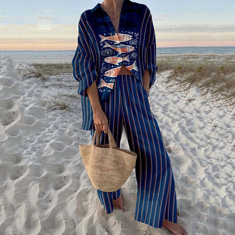 Fashion Vacation Style Print Suits for Women Fashion Versatile Lapel Long Sleeve Shirt Top and Loose Straight Pants 2 Piece Set