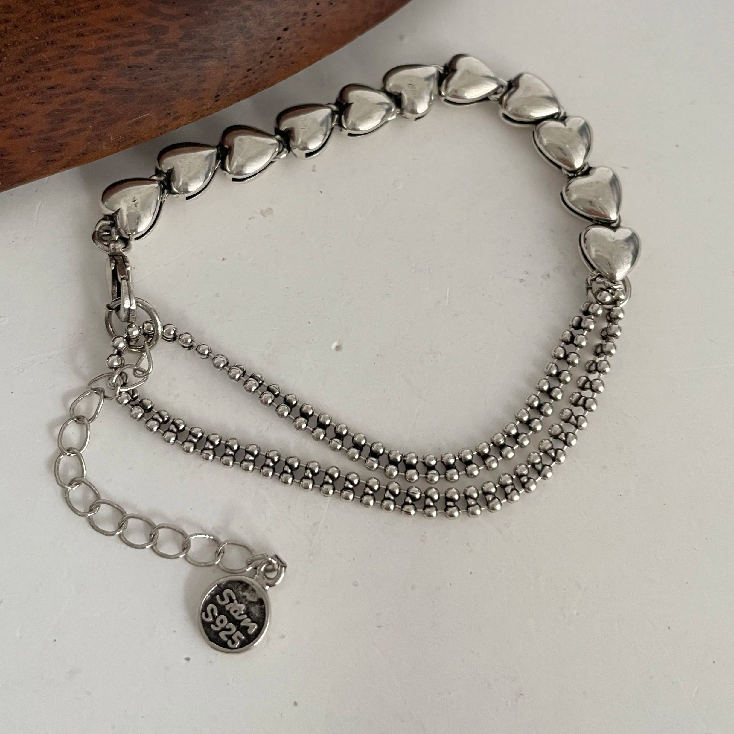 100% Solid 925 Sterling Silver Metal Bracelet for Women Vintage Handmade Simple Retro Heart Chain Bracelet Birthday Gift Party