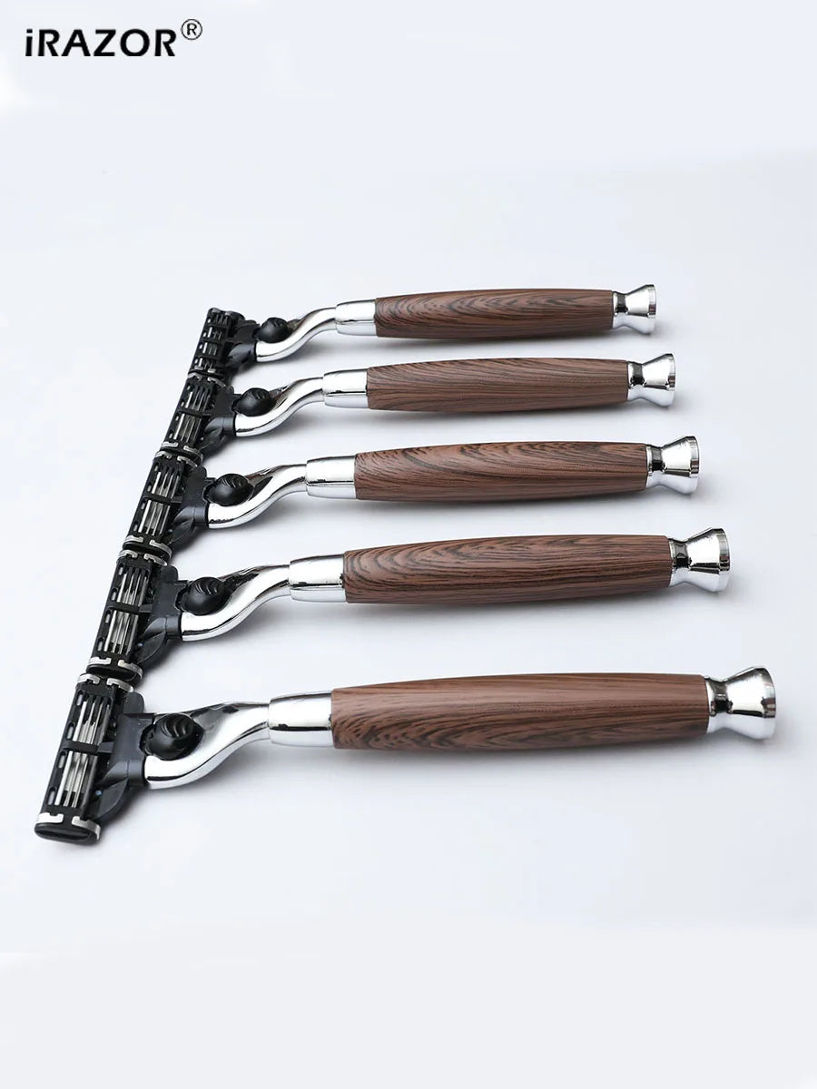 iRAZOR Classic 3-Layer Triple Blade Shaving Razor with Aluminium Wood Grain Handle Beard Grooming Tool for Men Birthday Gift