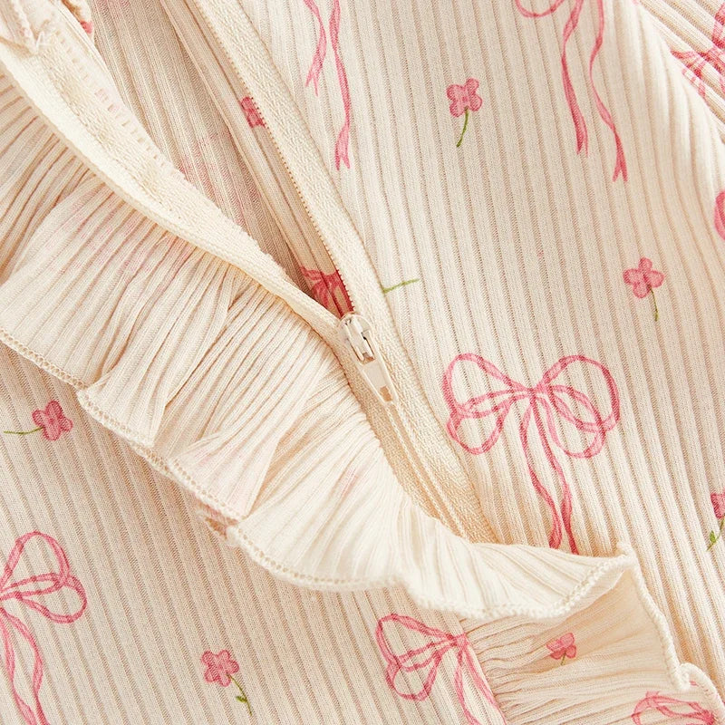 Infant Baby Girl Outfit Bow Print Long Sleeve Ruffled Zipper Front Ribbed Jumpsuit Bow Headband Newborn Clothes