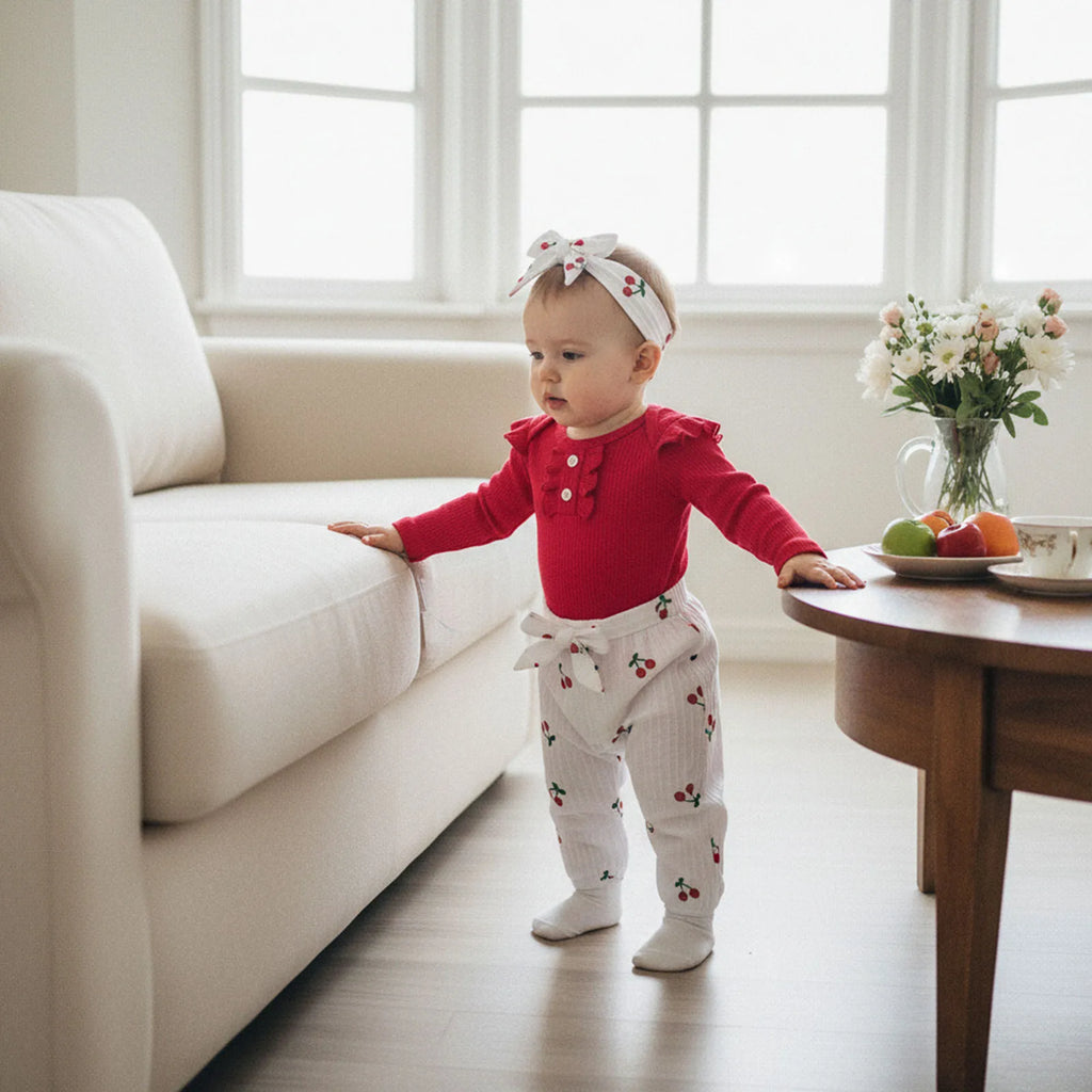 Baby Girls Fall Outfit, Long Sleeve Romper with Cherry Print Pants and Headband Clothing Set