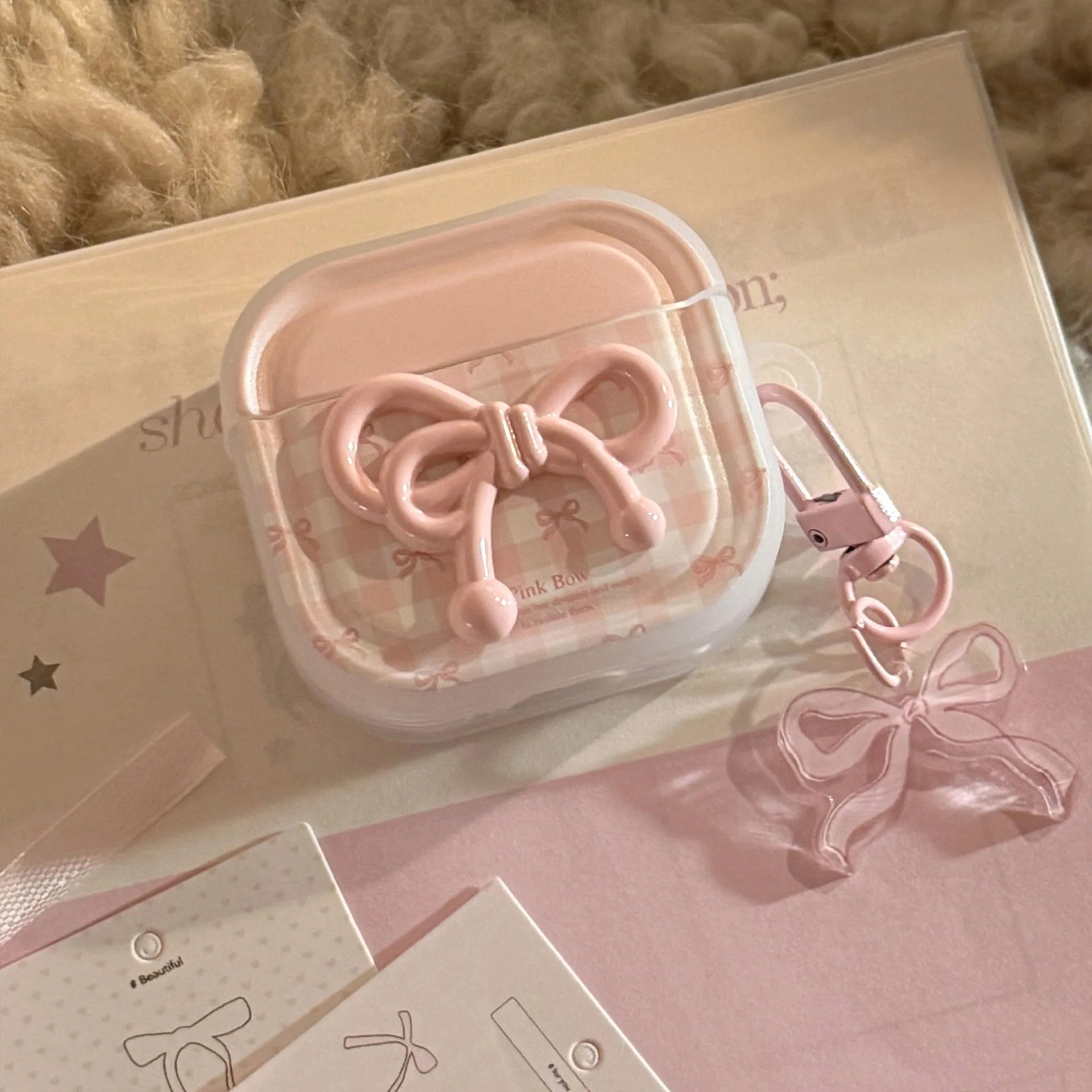 Korean Cute 3D Pink Bowknot Earphone Case for Airpods 4 2 3 1 Pro 3 2 Wireless Bluetooth Headset Protective Cover With  KeyChain