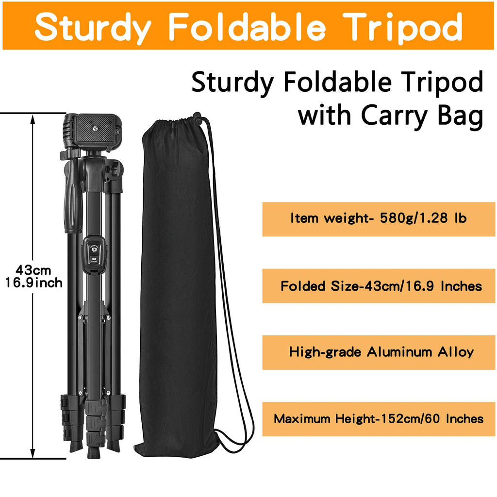 Tripod,60" Camera Tripod with Travel Bag,Cell Phone Tripod with Remote,Professional Aluminum Portable Tripod Stand