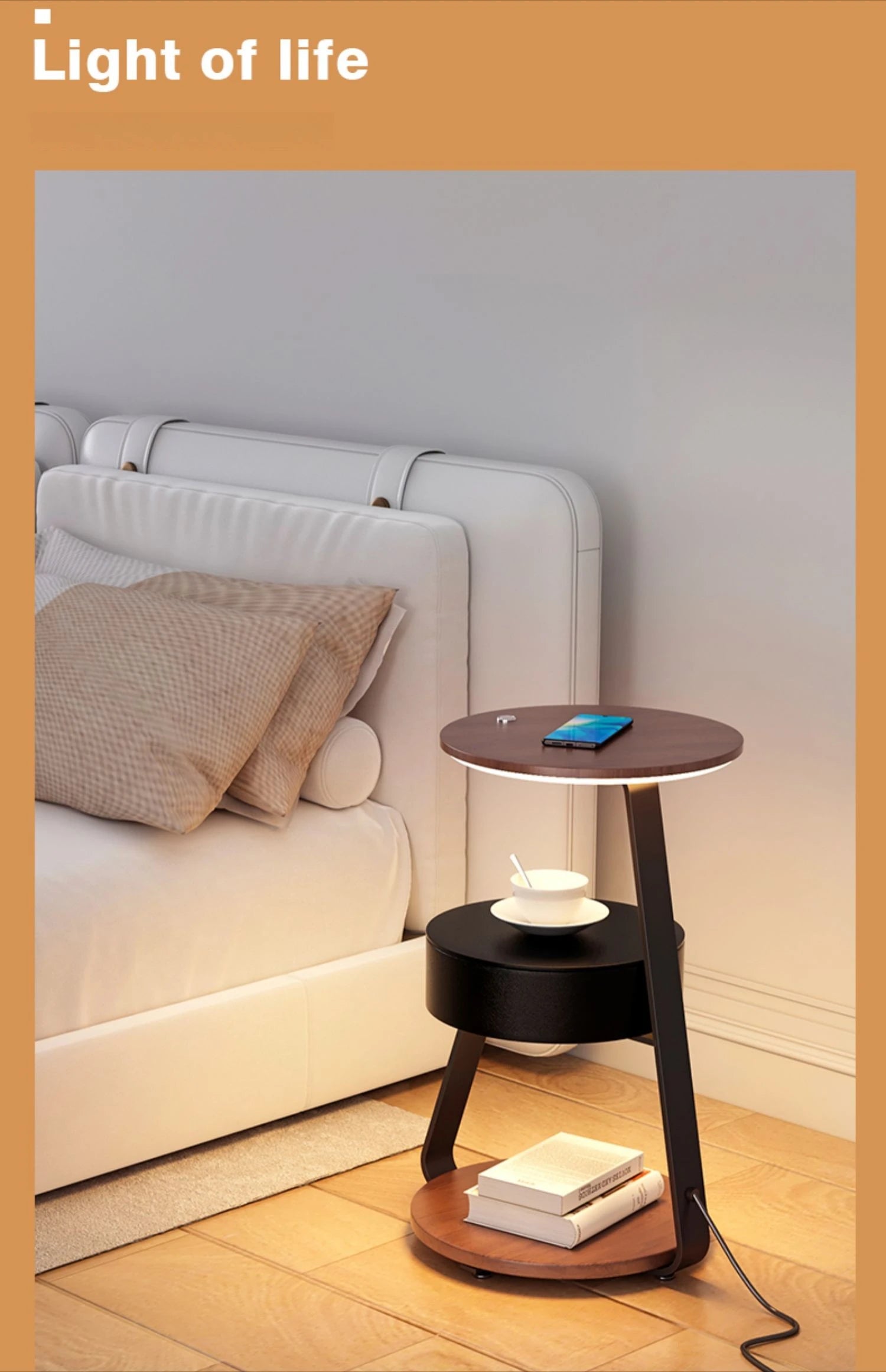 Bedroom Minimalist Nightstands Small Space Round Light Smart Bedside Table With Wireless Charger Nachttisch Library Furniture