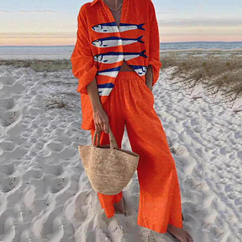 Fashion Vacation Style Print Suits for Women Fashion Versatile Lapel Long Sleeve Shirt Top and Loose Straight Pants 2 Piece Set