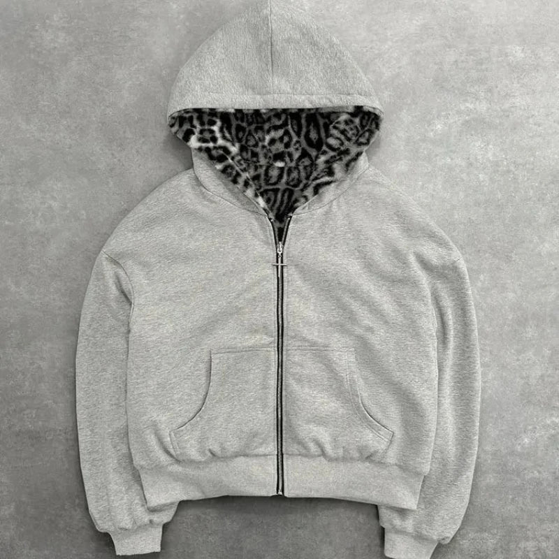 2025 New Autumn/Winter Hoodie with Retro Leopard Pattern Zipper Hoodie Top on Both Sides