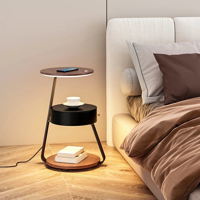 Bedroom Minimalist Nightstands Small Space Round Light Smart Bedside Table With Wireless Charger Nachttisch Library Furniture