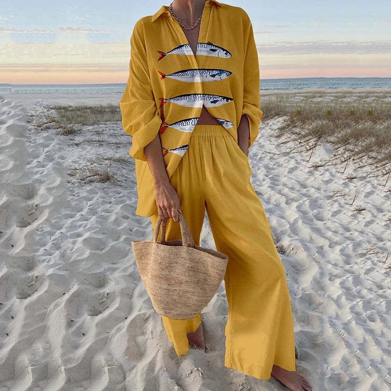 Fashion Vacation Style Print Suits for Women Fashion Versatile Lapel Long Sleeve Shirt Top and Loose Straight Pants 2 Piece Set