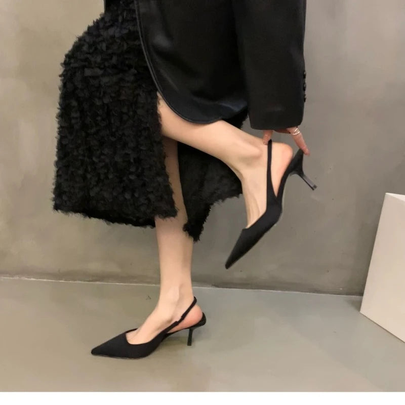Women Summer Shoes 2024 New Fashion Pointed Toe Stiletto Medium Heel High Heels Women Back Empty Toe Sandals Green Women's Shoes