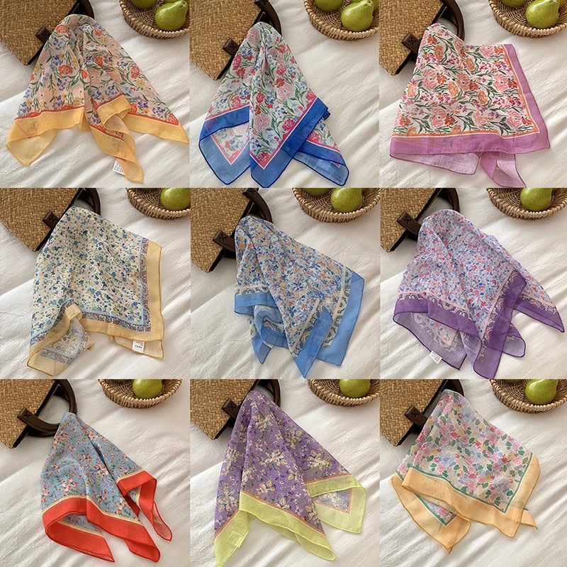 Fashion Flower Print Small Scarf For Women Girls Luxury Head Scarf Sweet Thin Scarf Outdoors Beach Sunscreen Scarf Gifts