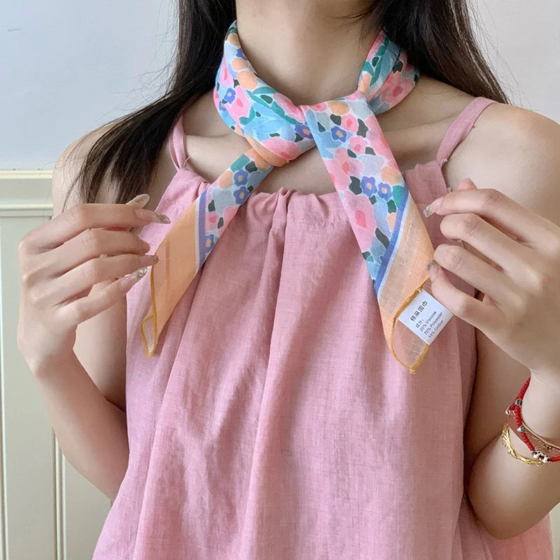 Fashion Flower Print Small Scarf For Women Girls Luxury Head Scarf Sweet Thin Scarf Outdoors Beach Sunscreen Scarf Gifts