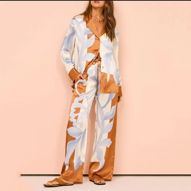 Fashion Vacation Style Print Suits for Women Fashion Versatile Lapel Long Sleeve Shirt Top and Loose Straight Pants 2 Piece Set