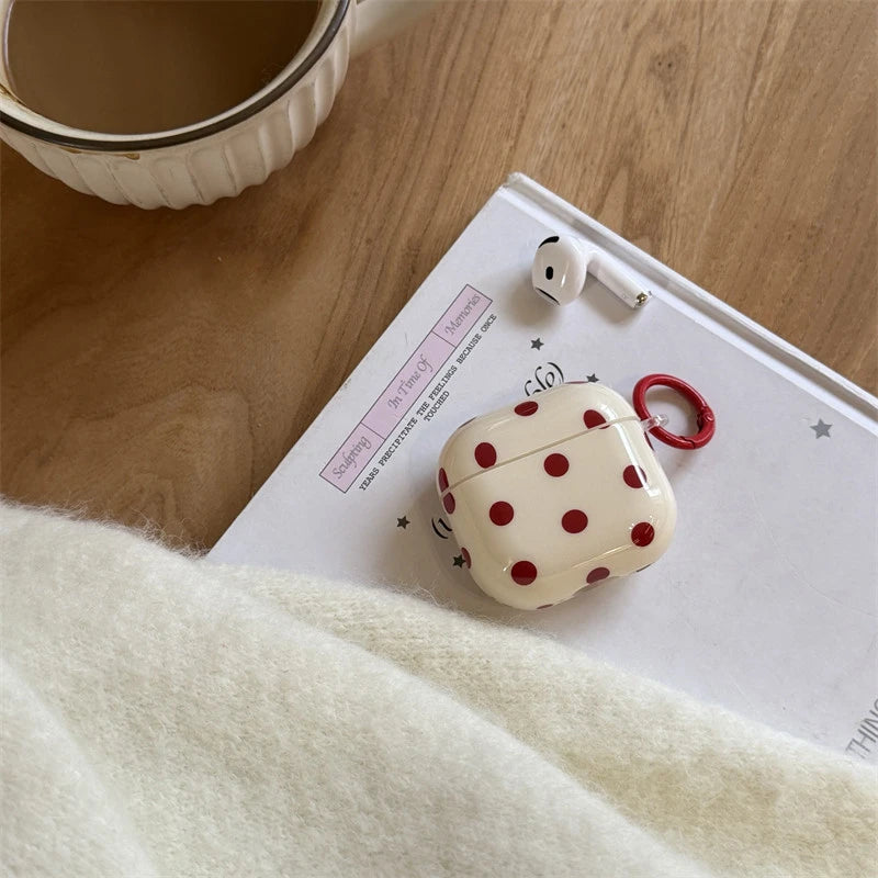 INS Korean Cute Red Polka Dot Glossy Beige Earphone Case Cover for AirPods 1 2 3 4 Pro 2 Pro 3 Shockproof Protective Case