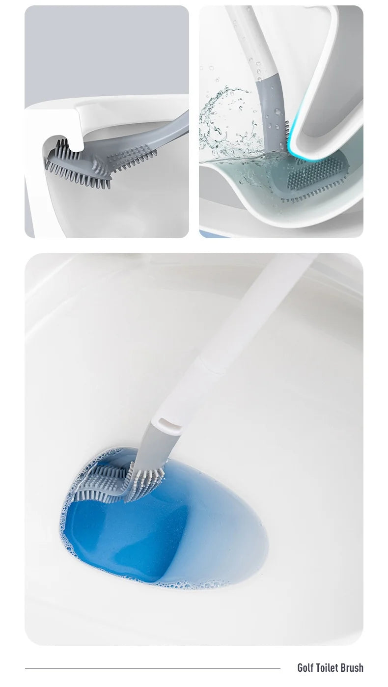 Toilet Brush with Base, Wall-Mounted Bathroom Cleaning Tool with Quick Drainage, All-Round Cleaning Brush, Soft Rubber Brush Head, Does Not Damage the Glaze, Toilet Cleaning Brush Bathroom Accessory Set