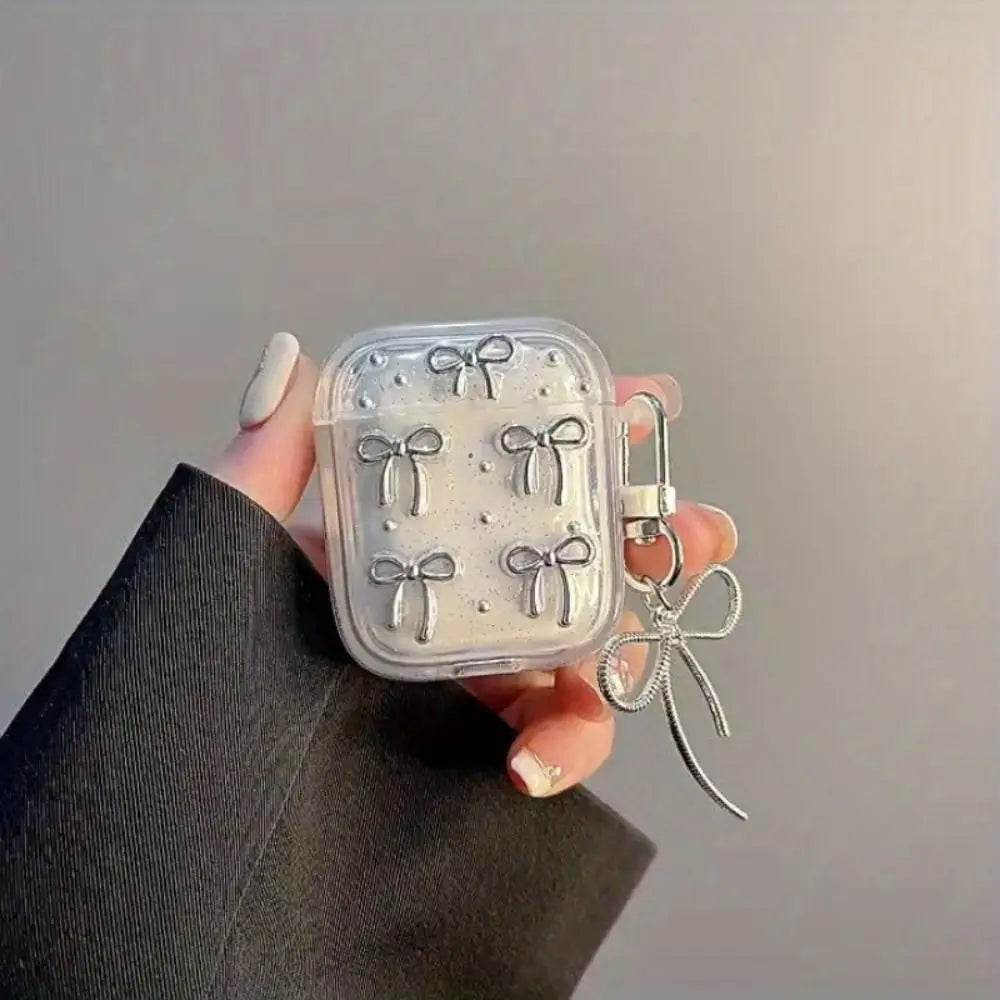 Cute Silver Bowknot Headphones Case with Pendant Clear Protective Shell Shockproof TPU Soft Cover for Airpods 4/3/2/1/pro2/pro