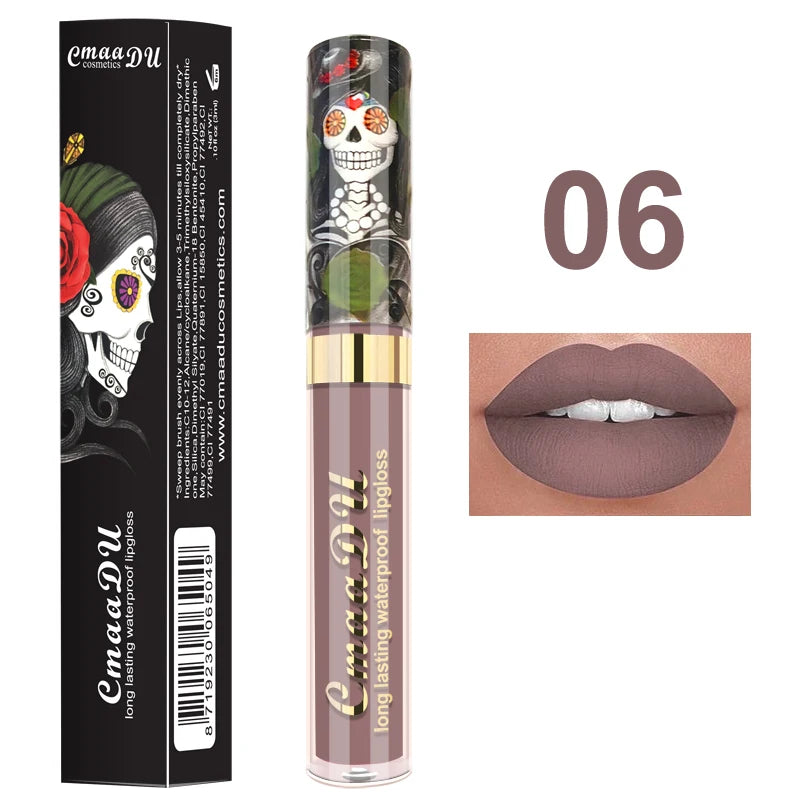 1pcs Matte Lip Gloss - Long-Lasting, Waterproof, Non-Fading, for All Skin Types - Vibrant Red Shades with Floral & Skull Designs