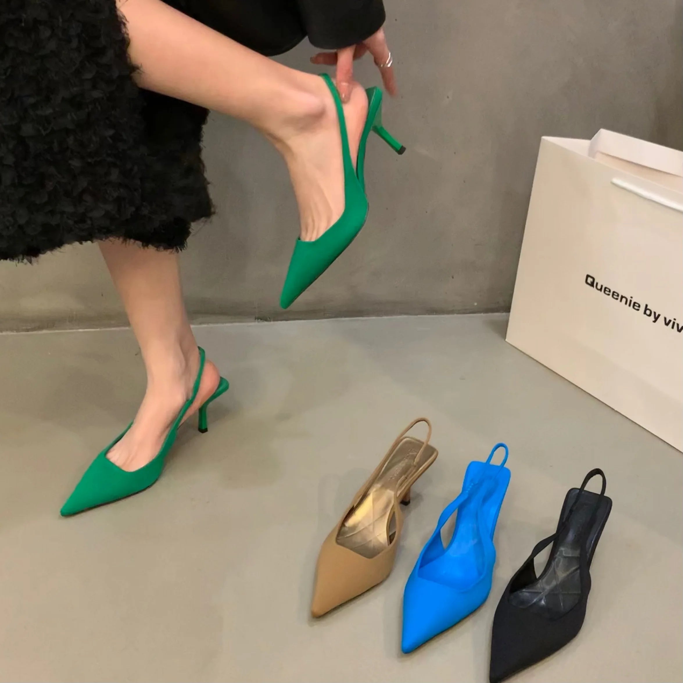 Women Summer Shoes 2024 New Fashion Pointed Toe Stiletto Medium Heel High Heels Women Back Empty Toe Sandals Green Women's Shoes