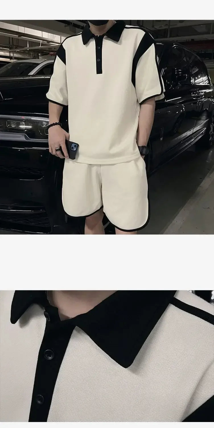 Men's High-end Outfit Suits for Summer Pairing with Handsome Polo Shirt Short-sleeved Shorts Cool Handsome Two-piece Set