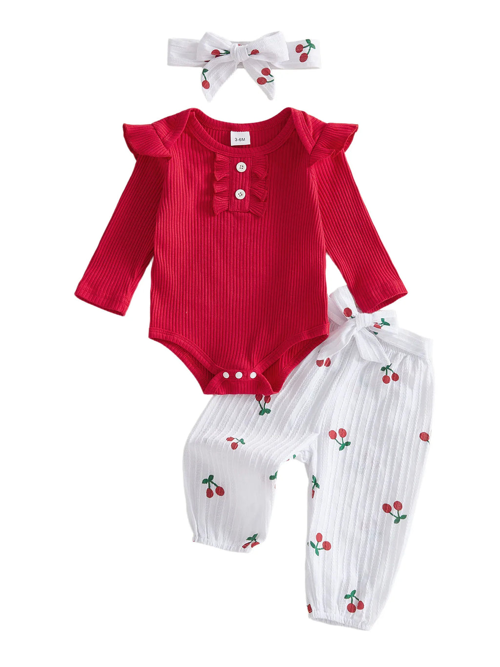 Baby Girls Fall Outfit, Long Sleeve Romper with Cherry Print Pants and Headband Clothing Set