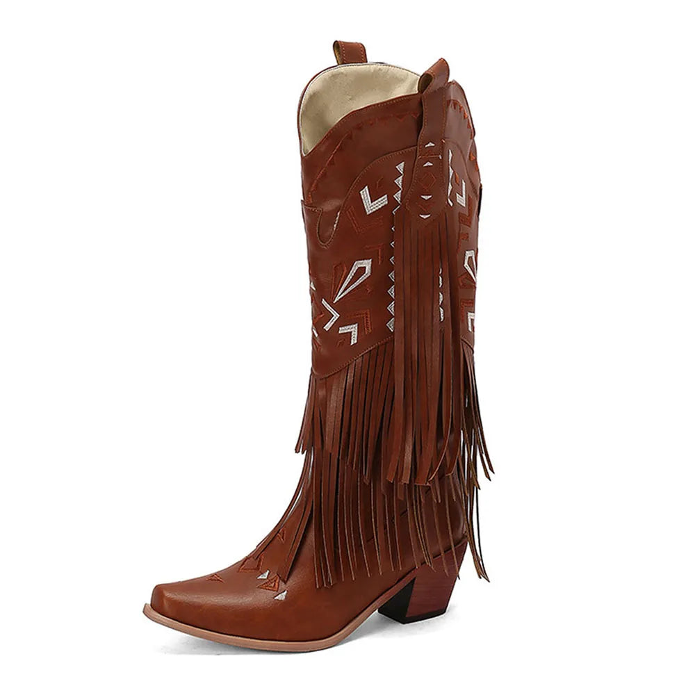 GIGIFOX Retro Tassel Embroidered Cowgirl Mid-Calf Women Western Boots Pointed Toe Chunky High Heel Cowboy Cool All-Match Shoes