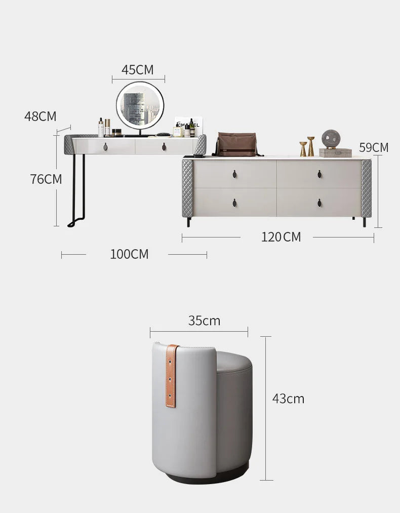 Modern minimalist bedroom slate dressing table storage cabinet integrated LED mirror makeup table stool combination