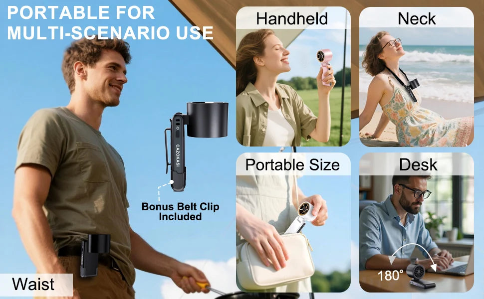 Fan - Handheld/Waist Clip/Neck-Wear Fan, 5-Speed Adjustment, 5000mAh Battery, 20-Hour Extended Run Time (Black/White/Pink)