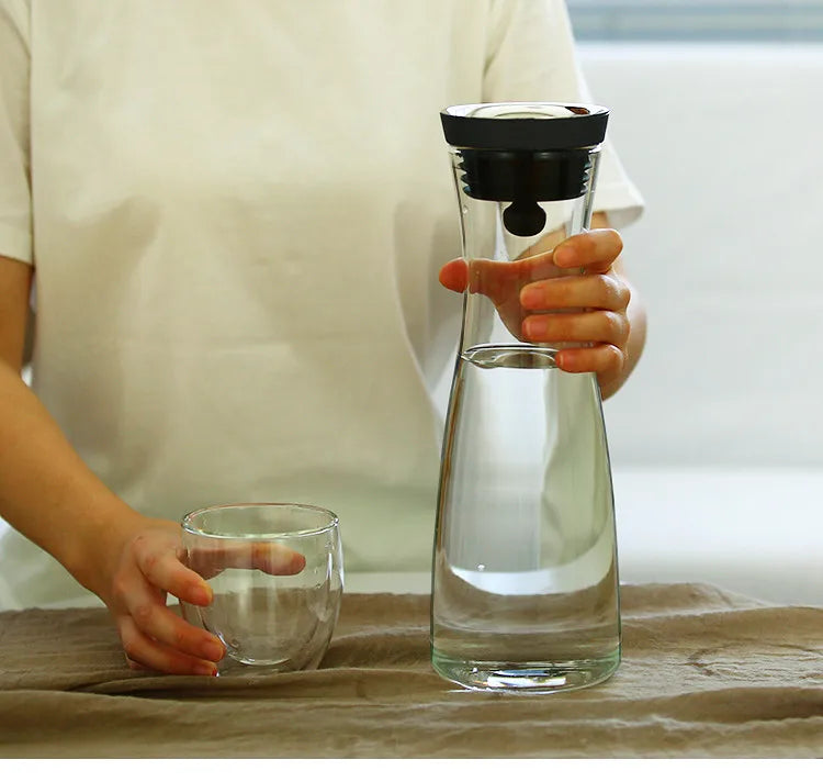 Water Bottle 1.8L High Borosilicate Glass Bottle Basic Tilting  Stainless Steel Lid Closure Jug  Hot and Cold Juice Beverage Tea