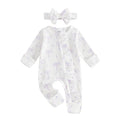 Infant Baby Girl Outfit Bow Print Long Sleeve Ruffled Zipper Front Ribbed Jumpsuit Bow Headband Newborn Clothes
