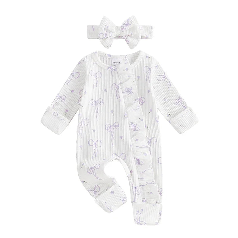 Infant Baby Girl Outfit Bow Print Long Sleeve Ruffled Zipper Front Ribbed Jumpsuit Bow Headband Newborn Clothes