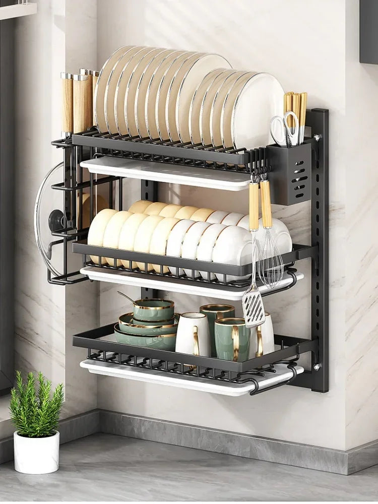 Kitchen Dish Rack Wall Mounted Multifunctional Storage Rack No-hole Cupboard with Chopsticks Knives Plates Draining Storage