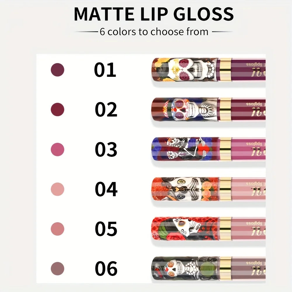 1pcs Matte Lip Gloss - Long-Lasting, Waterproof, Non-Fading, for All Skin Types - Vibrant Red Shades with Floral & Skull Designs