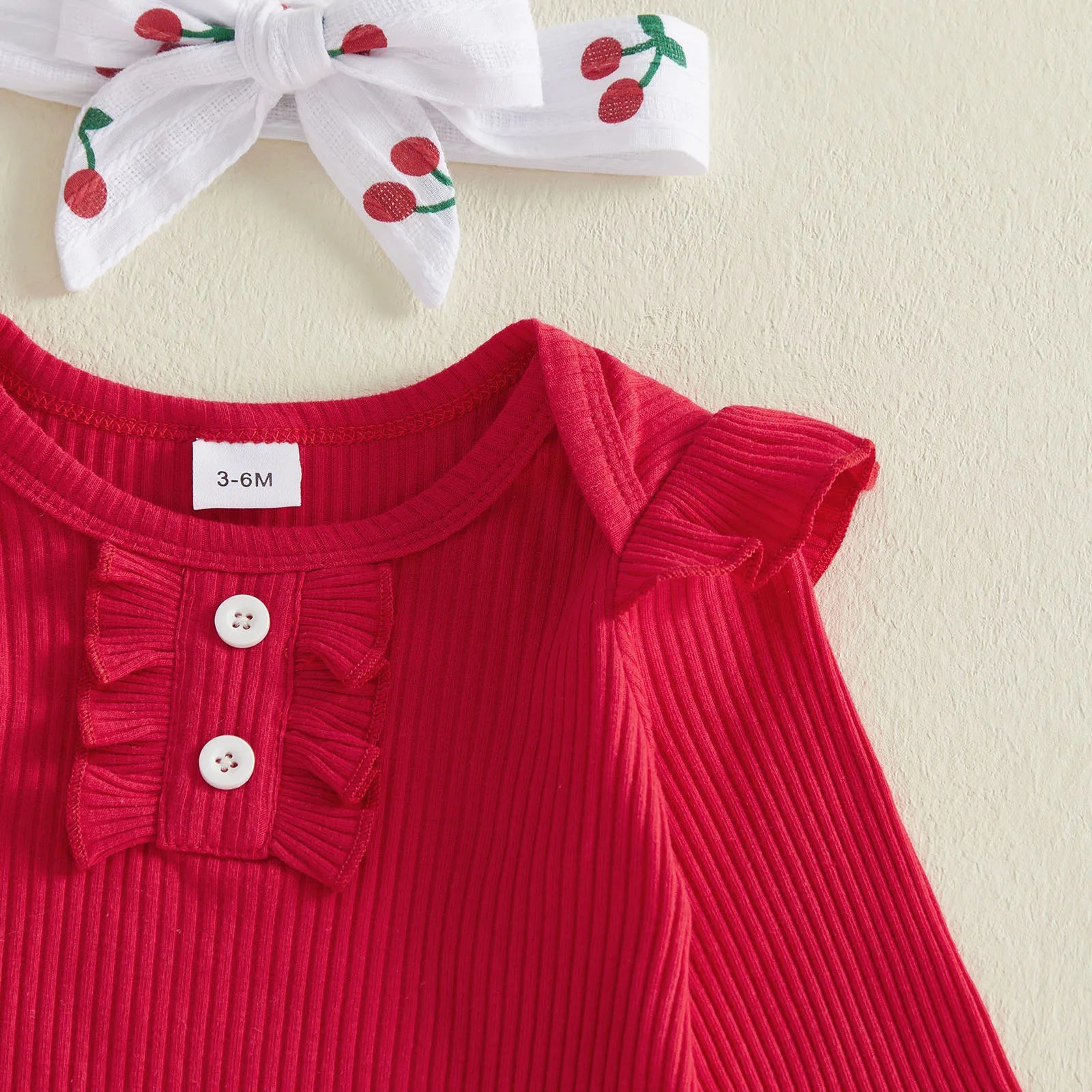 Baby Girls Fall Outfit, Long Sleeve Romper with Cherry Print Pants and Headband Clothing Set