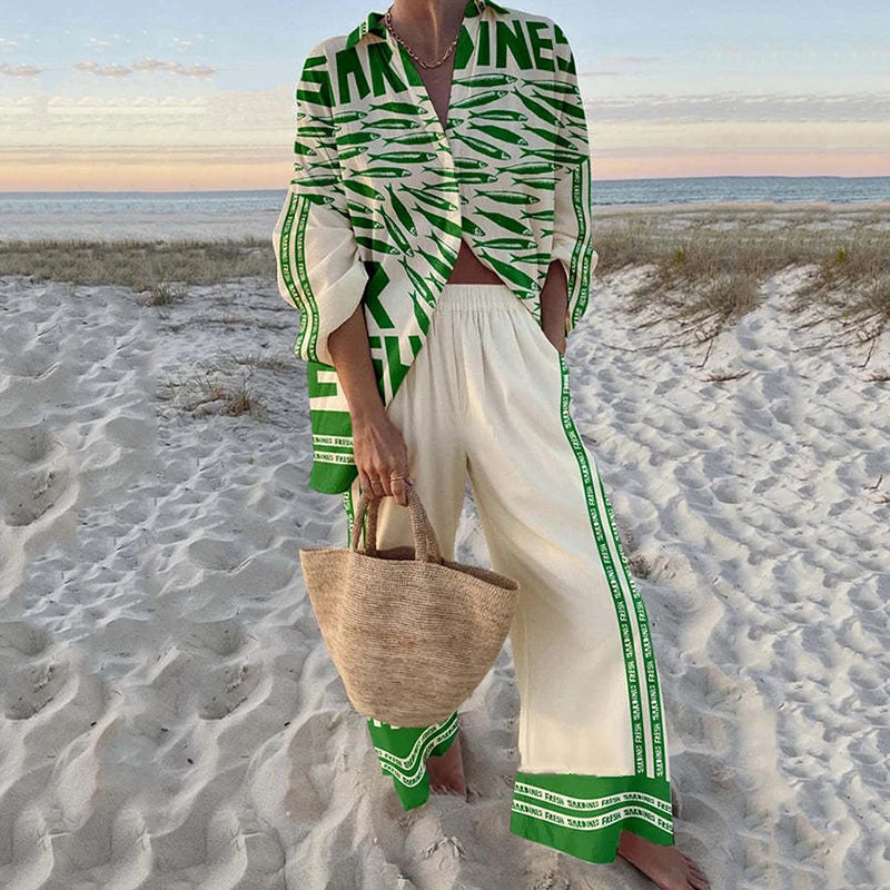 Fashion Vacation Style Print Suits for Women Fashion Versatile Lapel Long Sleeve Shirt Top and Loose Straight Pants 2 Piece Set