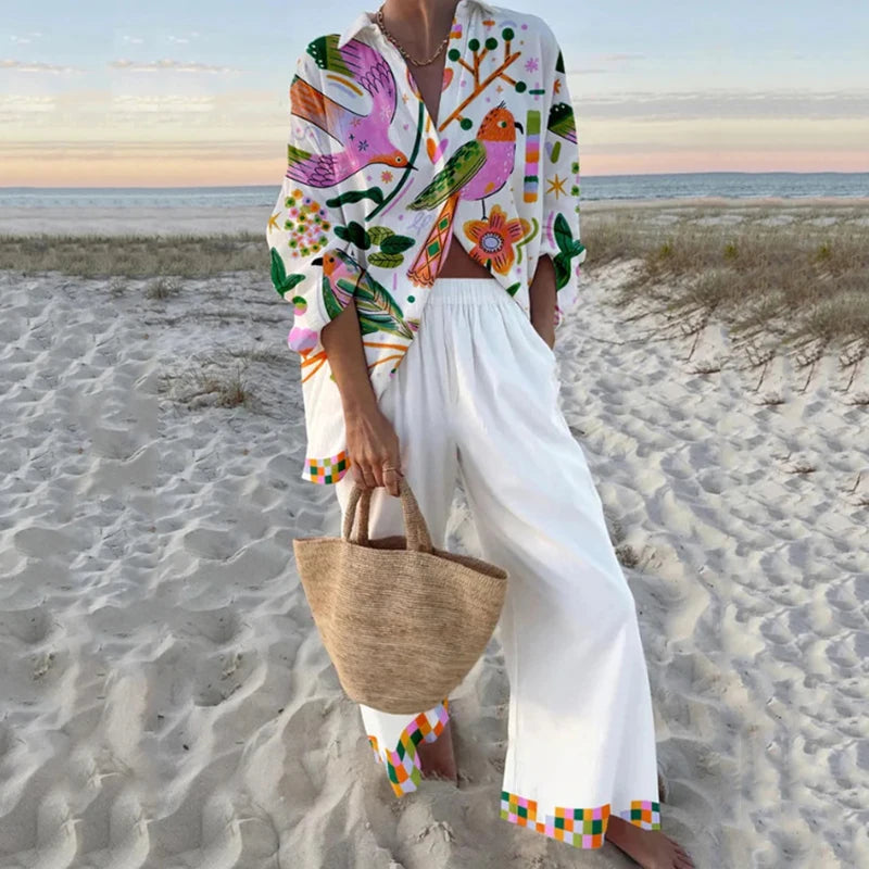 Fashion Vacation Style Print Suits for Women Fashion Versatile Lapel Long Sleeve Shirt Top and Loose Straight Pants 2 Piece Set