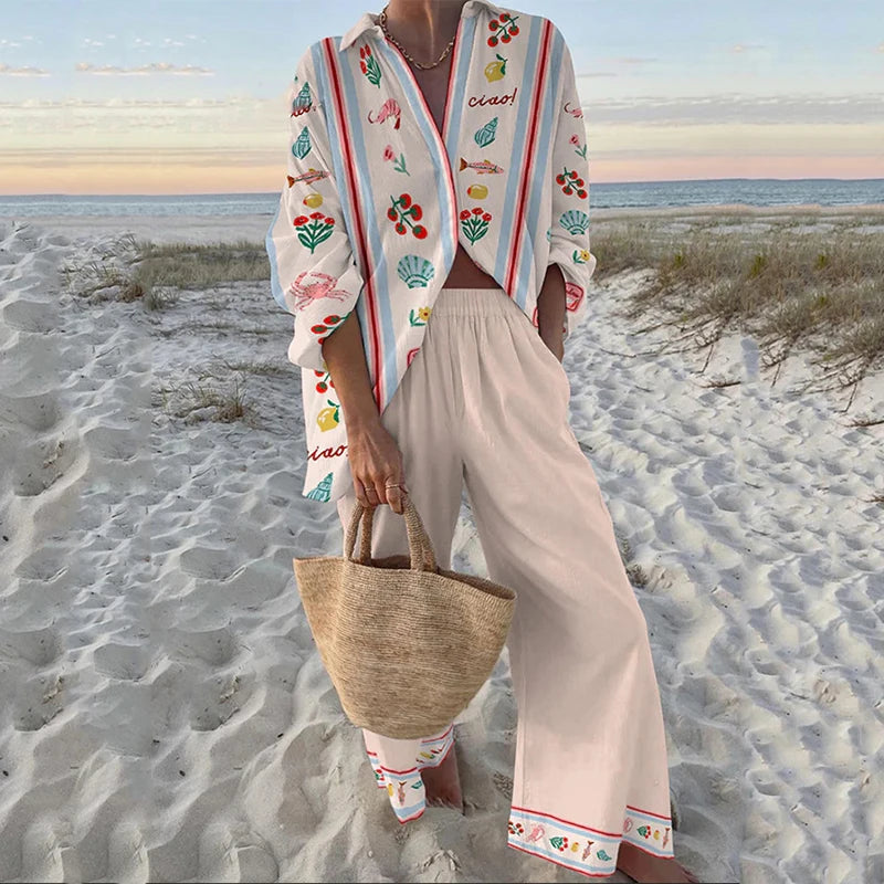Fashion Vacation Style Print Suits for Women Fashion Versatile Lapel Long Sleeve Shirt Top and Loose Straight Pants 2 Piece Set