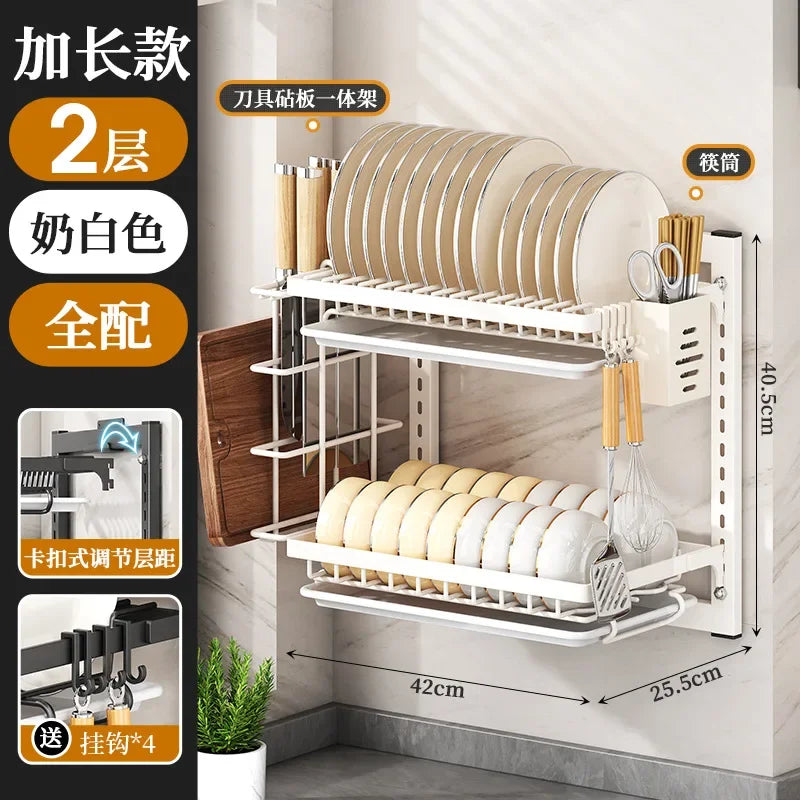 Kitchen Dish Rack Wall Mounted Multifunctional Storage Rack No-hole Cupboard with Chopsticks Knives Plates Draining Storage