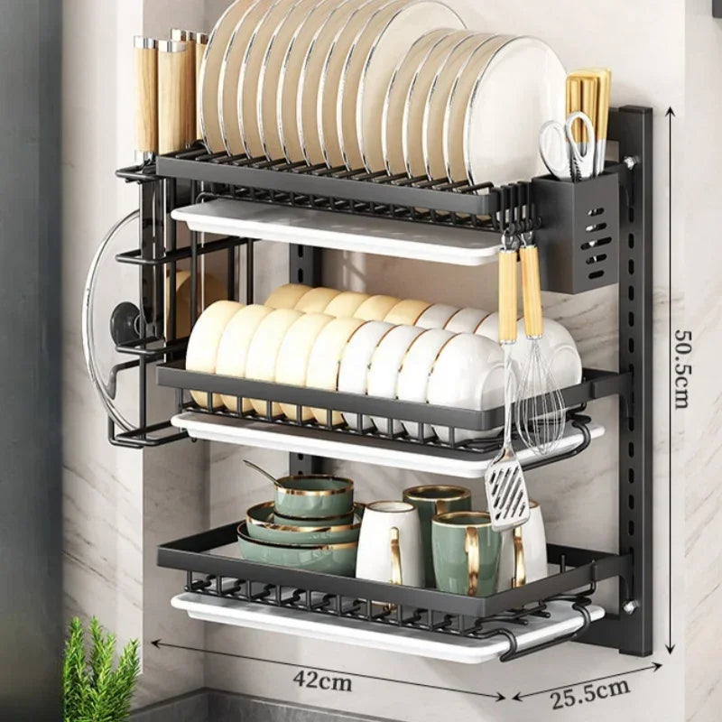 Kitchen Dish Rack Wall Mounted Multifunctional Storage Rack No-hole Cupboard with Chopsticks Knives Plates Draining Storage