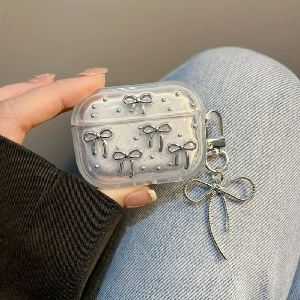 Cute Silver Bowknot Headphones Case with Pendant Clear Protective Shell Shockproof TPU Soft Cover for Airpods 4/3/2/1/pro2/pro